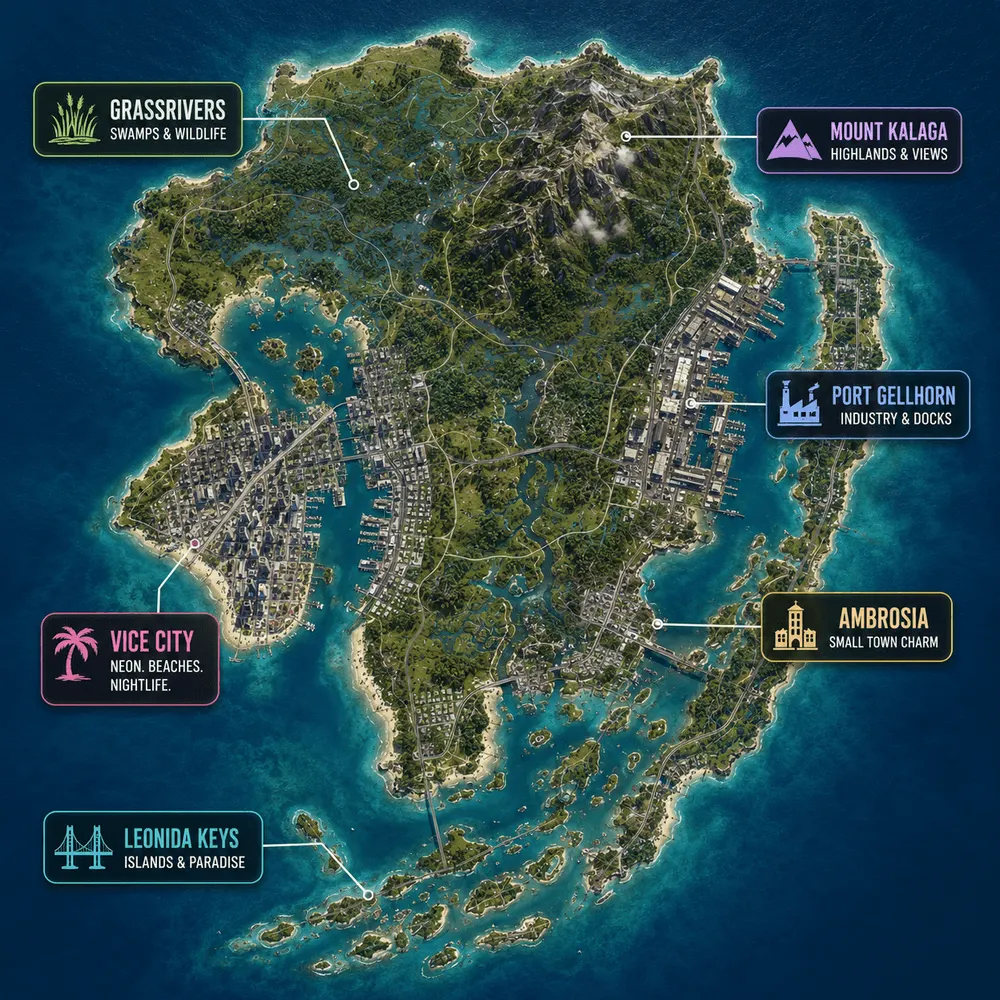 Mapa de GTA 6 de Leonida: Vice City, Port Gellhorn, Mount Kalaga, Grassrivers, Ambrosia y Leonida Keys